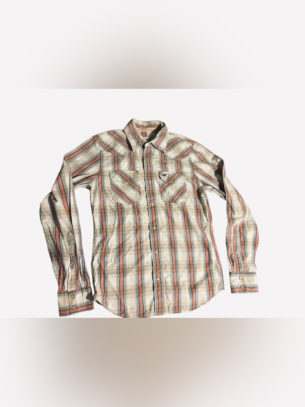 Hollister Western Long Sleeve ButtonUp Shirt Pearl style snaps Terra cotta plaid